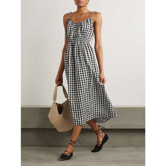 DÔEN Leslie tie-detailed smocked gingham voile midi dress M - Picture 6 of 13